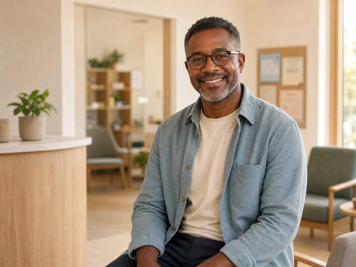 A man smiling in a calm, welcoming clinic space