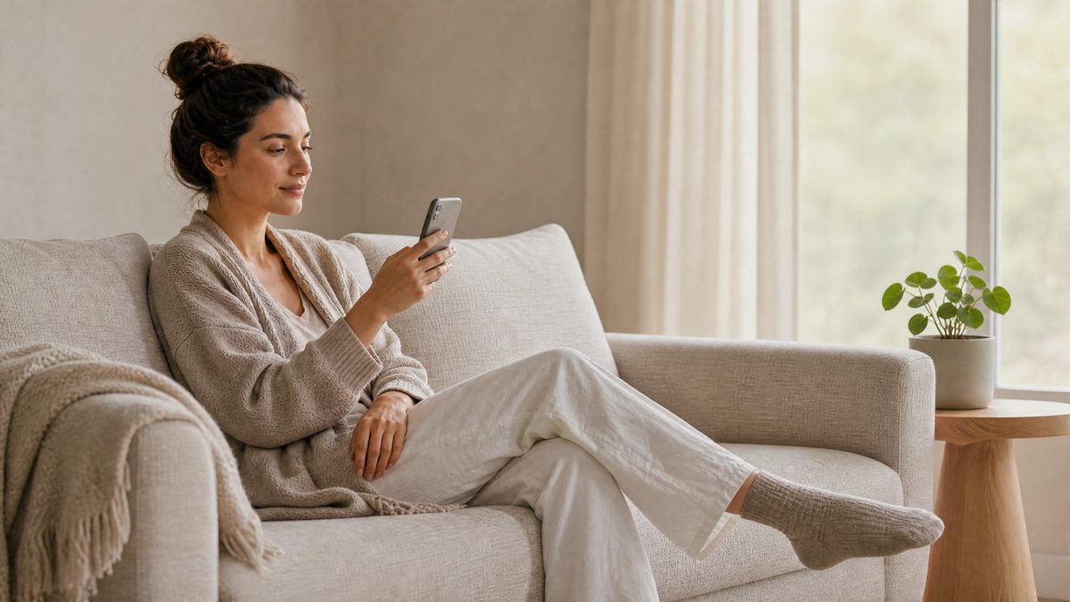 A woman relaxing on her couch using the app on her phone
